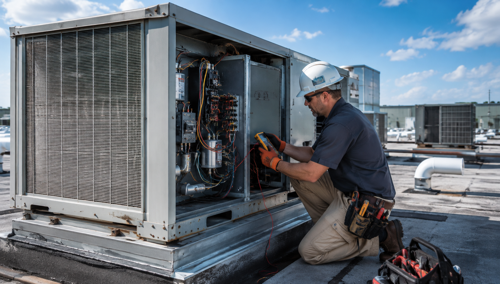 Technician servicing commercial rooftop HVAC equipment