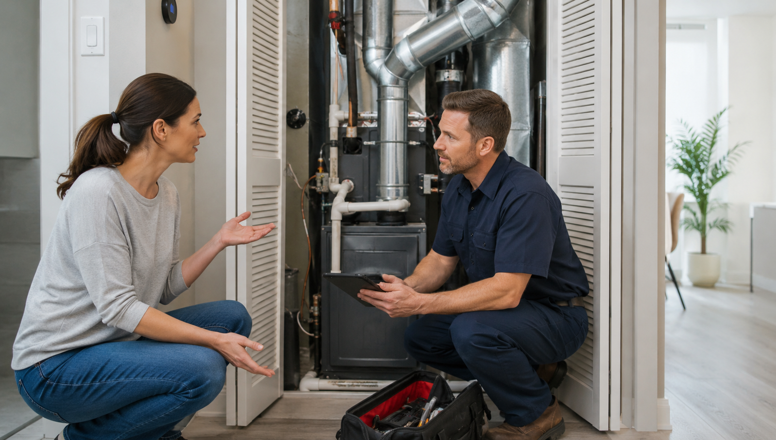 Homeowner discussing a residential heating system with an HVAC technician